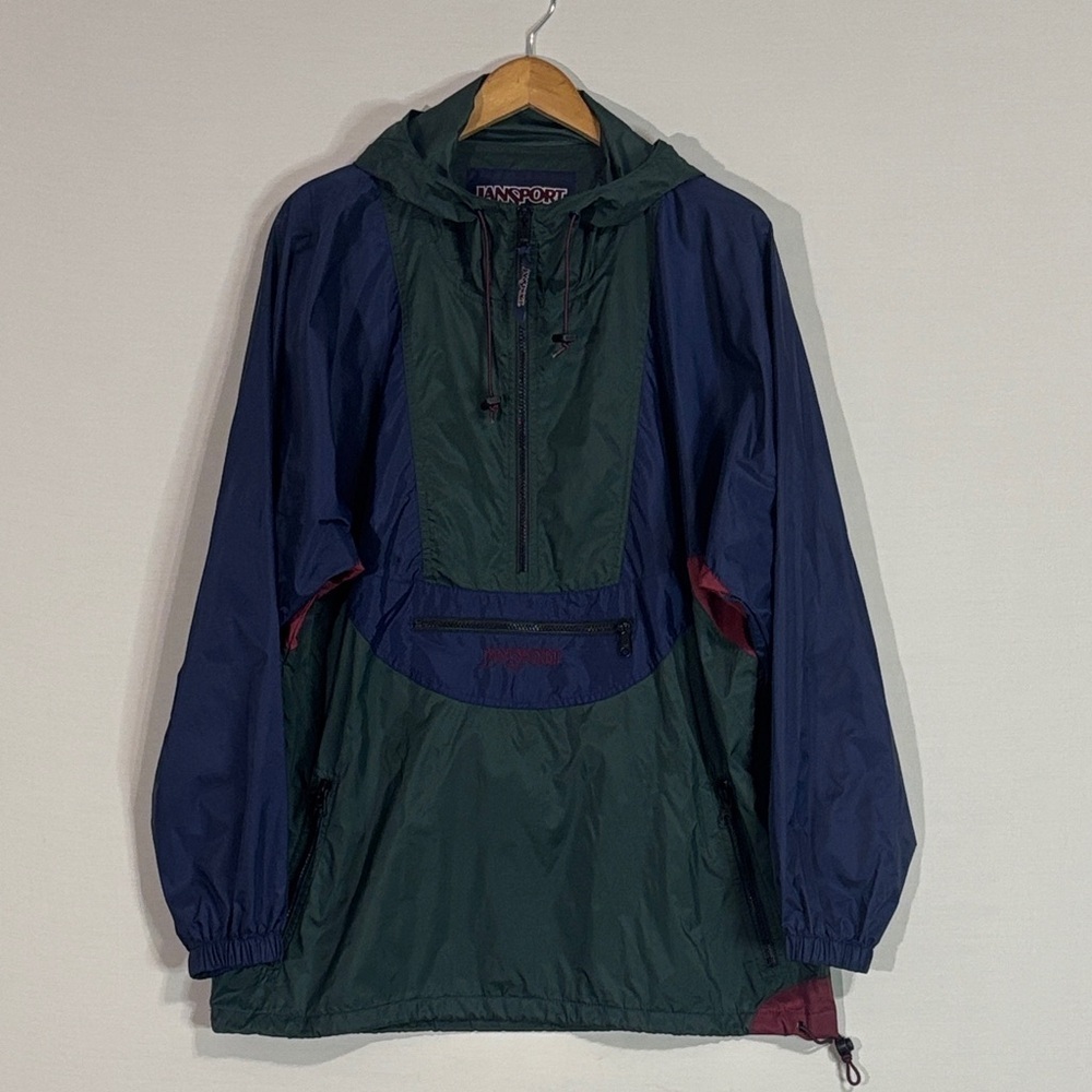 Rare Vintage Jansport Colorblock Anorak Windbreaker Hoodie Green Navy M